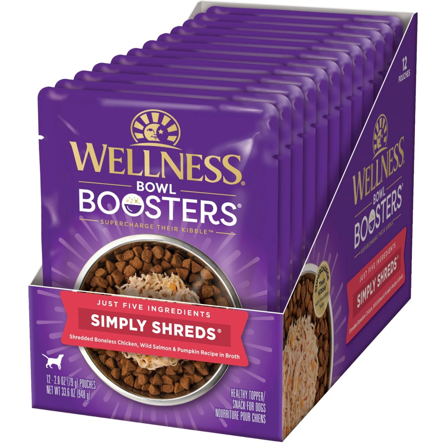 Wellness Bowl Boosters Simply Shreds Chicken, Salmon & Pumpkin Natural Grain-Free Wet Dog Food Mixer Or Topper, 2.8-oz Pouch, Case Of 12 3 Wellness Bowl Boosters Simply Shreds Chicken, Salmon & Pumpkin Natural Grain-Free Wet Dog Food Mixer Or Topper, 2.8-oz Pouch, Case Of 12