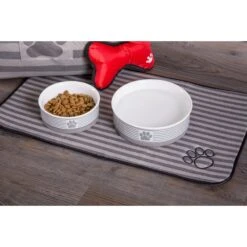 Bone Dry Stripe Embroidered Paw Print Dog & Cat Food Mat 7 Bone Dry Stripe Embroidered Paw Print Dog & Cat Food Mat -Blue Buffalo || ROYAL CANIN || Wellness Sales 153980 PT1. AC SS1800 V1539714735