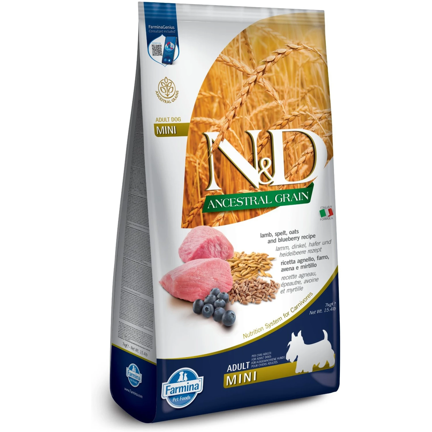 Farmina N&D Ancestral Grain Lamb & Blueberry Recipe Adult Mini Breed Dry Dog Food 3 Farmina N&D Ancestral Grain Lamb & Blueberry Recipe Adult Mini Breed Dry Dog Food