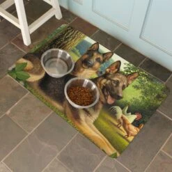 Bungalow Flooring German Shepherds & Chickens Dog Dinner Mat, 36 X 23-in -Blue Buffalo || ROYAL CANIN || Wellness Sales 235673 PT2. AC SS1800 V1615332421
