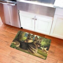 Bungalow Flooring German Shepherds & Chickens Dog Dinner Mat, 36 X 23-in -Blue Buffalo || ROYAL CANIN || Wellness Sales 235673 PT3. AC SS1800 V1615333977