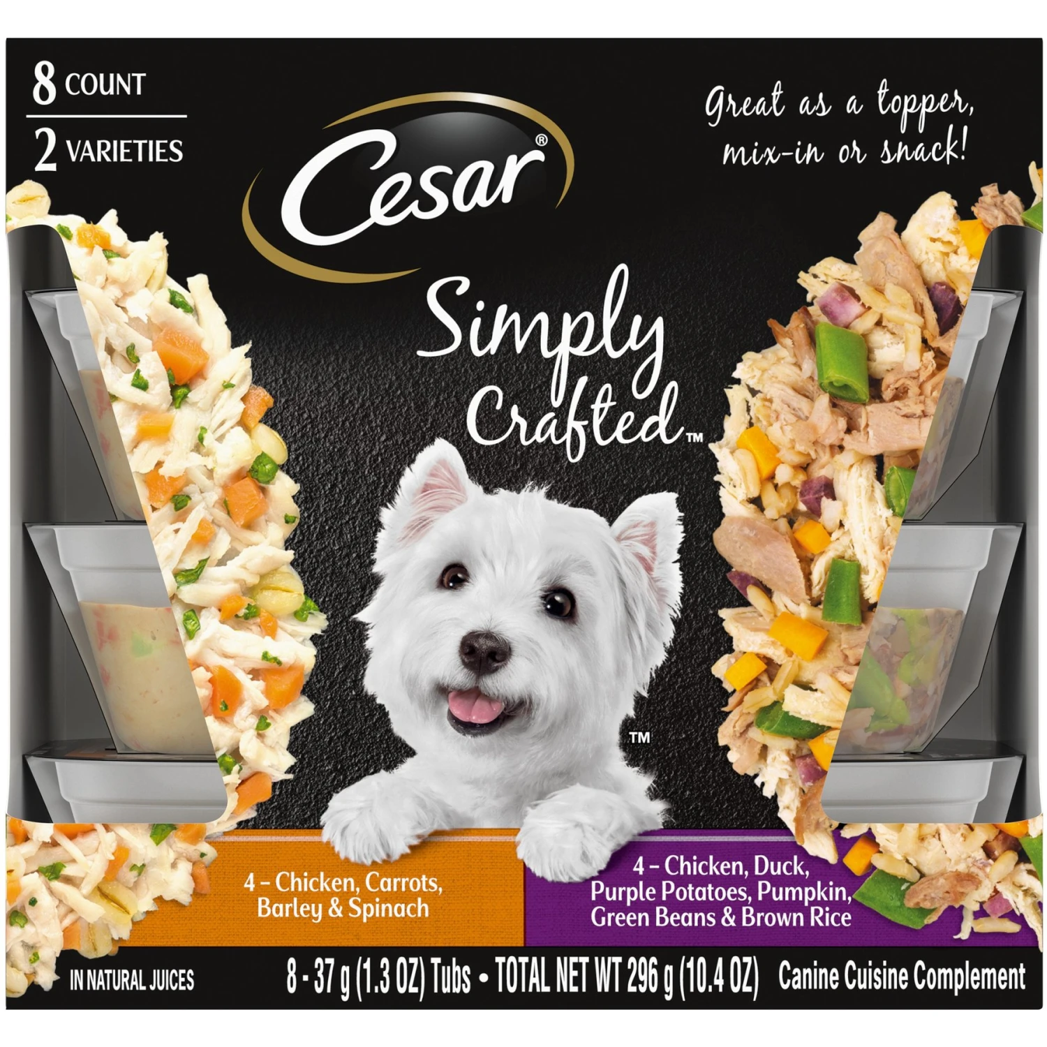 Cesar Simply Crafted Chicken, Duck, Purple Potatoes, Pumpkin, Green Beans & Brown Rice & Chicken, Carrots, Barley & Spinach Variety Pack Adult Wet Dog Food Meal Topper 3 Cesar Simply Crafted Chicken, Duck, Purple Potatoes, Pumpkin, Green Beans & Brown Rice & Chicken, Carrots, Barley & Spinach Variety Pack Adult Wet Dog Food Meal Topper