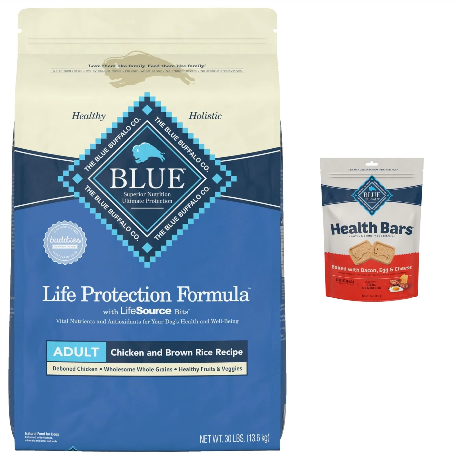 Blue Buffalo Life Protection Formula Adult Chicken & Brown Rice Recipe Dry Dog Food & Blue Buffalo Health Bars Baked With Bacon, Egg & Cheese Dog Treats 3 Blue Buffalo Life Protection Formula Adult Chicken & Brown Rice Recipe Dry Dog Food & Blue Buffalo Health Bars Baked With Bacon, Egg & Cheese Dog Treats