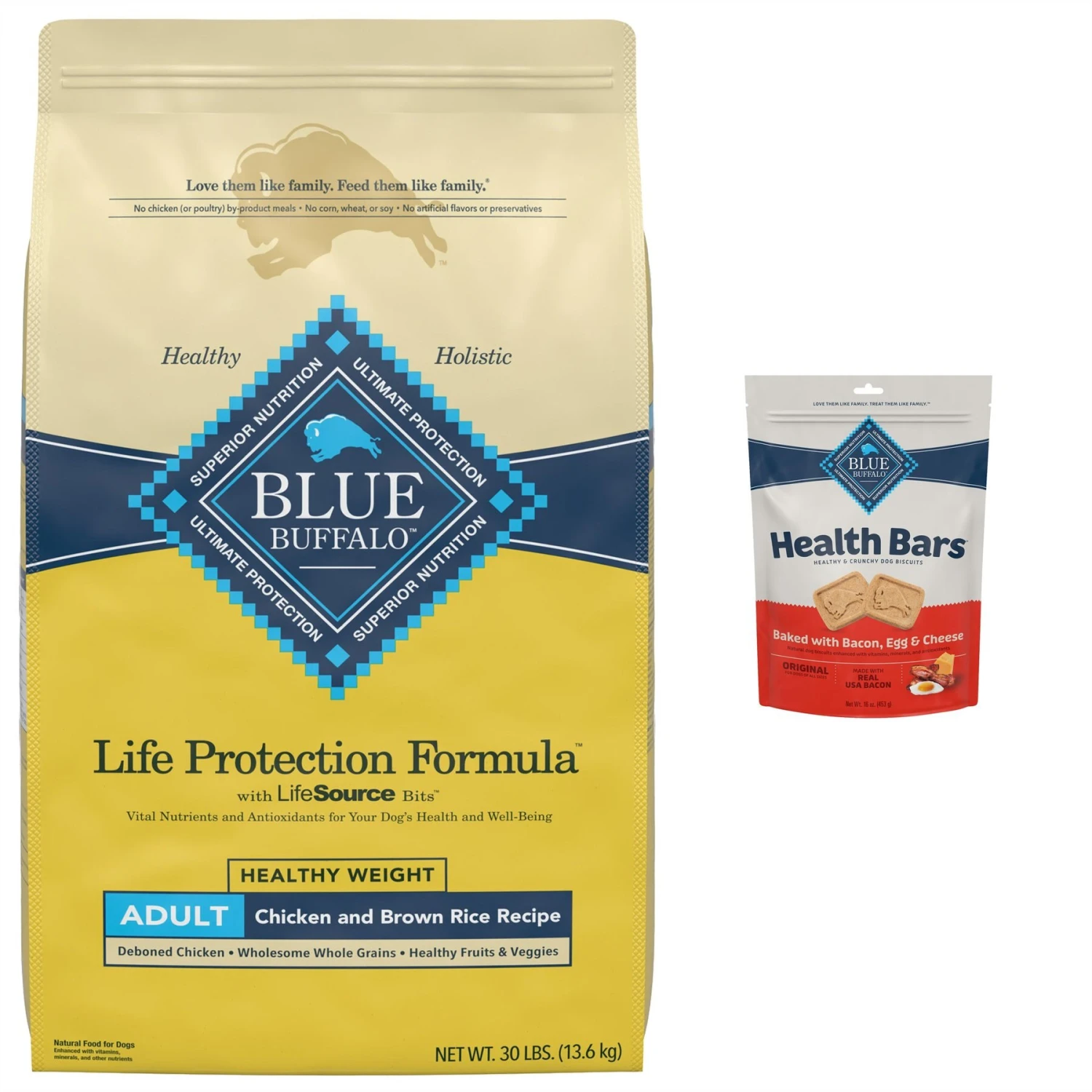 Blue Buffalo Life Protection Formula Healthy Weight Adult Chicken & Brown Rice Recipe Dry Dog Food & Blue Buffalo Health Bars Baked With Bacon, Egg & Cheese Dog Treats 3 Blue Buffalo Life Protection Formula Healthy Weight Adult Chicken & Brown Rice Recipe Dry Dog Food & Blue Buffalo Health Bars Baked With Bacon, Egg & Cheese Dog Treats