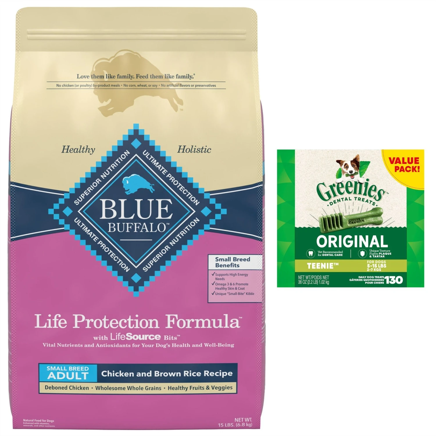Blue Buffalo Life Protection Formula Small Breed Adult Chicken & Brown Rice Recipe Dry Dog Food & Greenies Teenie Dental Dog Treats 3 Blue Buffalo Life Protection Formula Small Breed Adult Chicken & Brown Rice Recipe Dry Dog Food & Greenies Teenie Dental Dog Treats