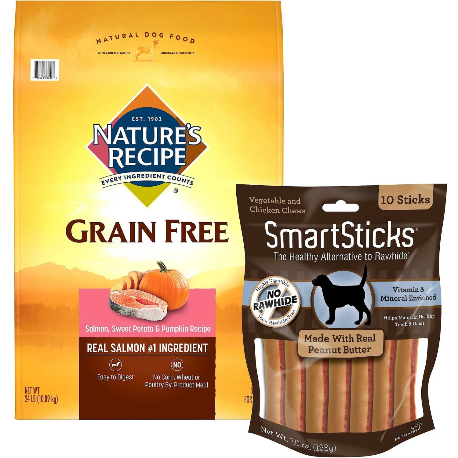 Nature's Recipe Grain-Free Salmon, Sweet Potato & Pumpkin Recipe Dry Dog Food & SmartBones SmartSticks Peanut Butter Dog Treats 3 Nature's Recipe Grain-Free Salmon, Sweet Potato & Pumpkin Recipe Dry Dog Food & SmartBones SmartSticks Peanut Butter Dog Treats
