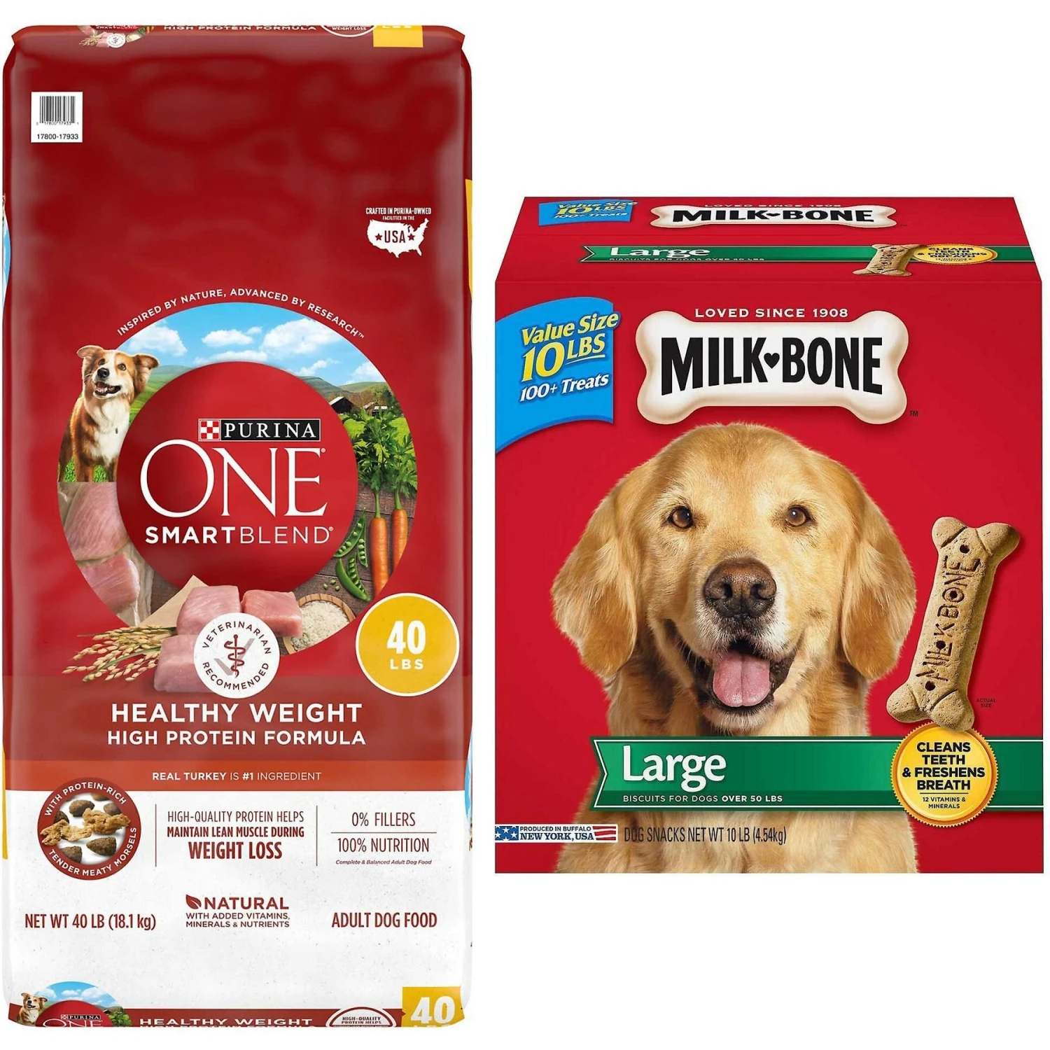 Purina ONE +Plus Adult High-Protein Healthy Weight Formula Dry Dog Food & Milk-Bone Original Large Biscuit Dog Treats 3 Purina ONE +Plus Adult High-Protein Healthy Weight Formula Dry Dog Food & Milk-Bone Original Large Biscuit Dog Treats