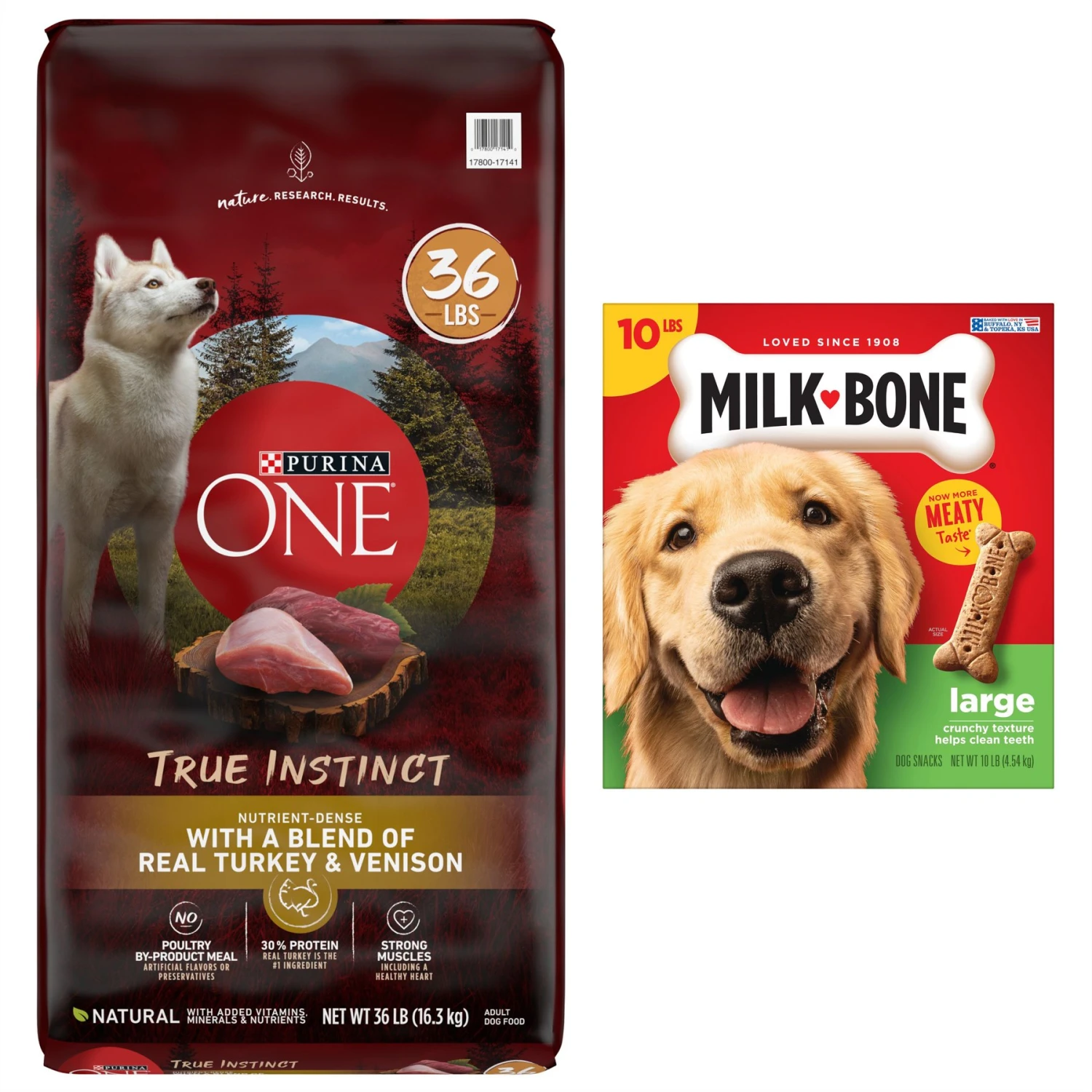 Purina ONE True Instinct Natural High Protein With Real Turkey & Venison Dry Dog Food & Milk-Bone Original Large Biscuit Dog Treats 3 Purina ONE True Instinct Natural High Protein With Real Turkey & Venison Dry Dog Food & Milk-Bone Original Large Biscuit Dog Treats