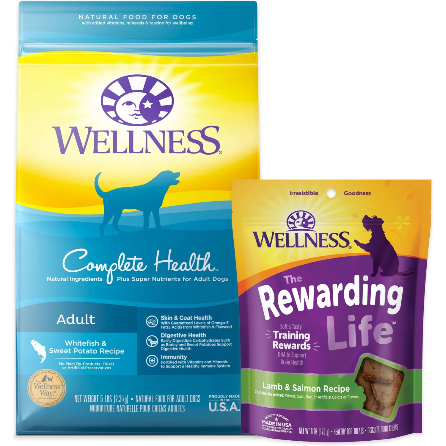 Wellness Complete Health Adult Whitefish & Sweet Potato Recipe Dry Dog Food & Wellness The Rewarding Life Lamb & Salmon Soft & Chewy Natural Dog Treats 3 Wellness Complete Health Adult Whitefish & Sweet Potato Recipe Dry Dog Food & Wellness The Rewarding Life Lamb & Salmon Soft & Chewy Natural Dog Treats
