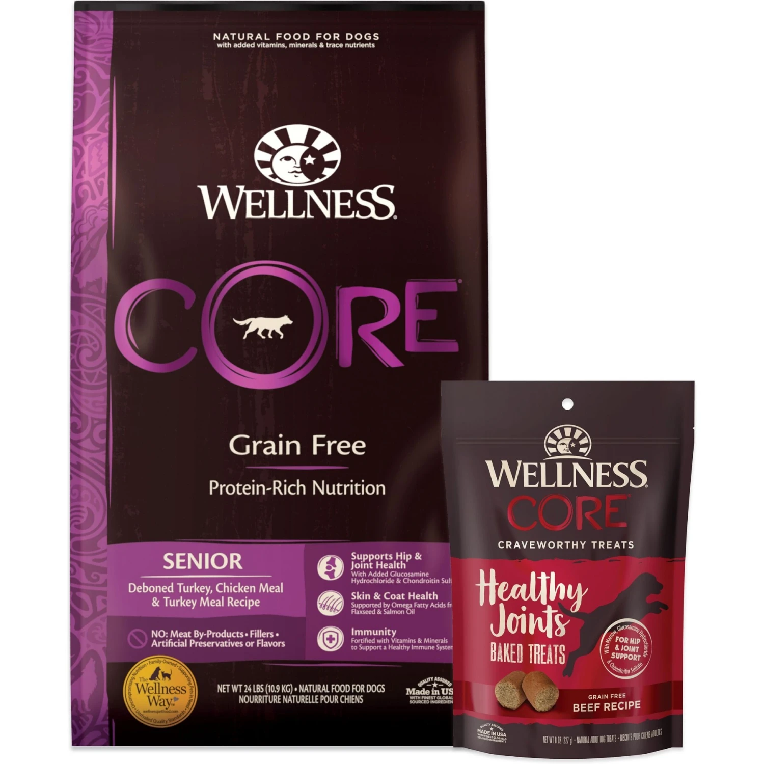 Wellness CORE Grain-Free Senior Deboned Turkey Recipe Dry Dog Food & Wellness CORE Healthy Joints Beef Grain-Free Crunchy Dog Treats 3 Wellness CORE Grain-Free Senior Deboned Turkey Recipe Dry Dog Food & Wellness CORE Healthy Joints Beef Grain-Free Crunchy Dog Treats