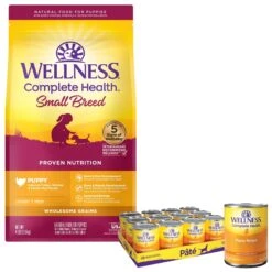 Wellness Small Breed Complete Health Puppy Turkey, Oatmeal & Salmon Meal Recipe Dry Dog Food & Wellness Complete Health Just For Puppy Canned Dog Food