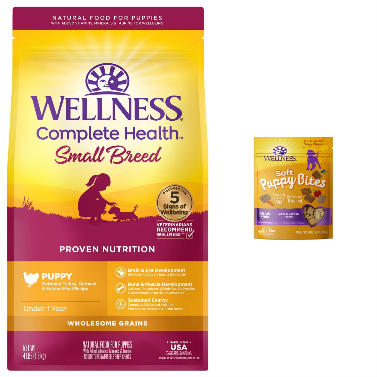 Wellness Small Breed Complete Health Puppy Turkey, Oatmeal & Salmon Meal Recipe Dry Dog Food & Wellness Soft Puppy Bites Lamb & Salmon Recipe Grain-Free Natural Dog Treats 3 Wellness Small Breed Complete Health Puppy Turkey, Oatmeal & Salmon Meal Recipe Dry Dog Food & Wellness Soft Puppy Bites Lamb & Salmon Recipe Grain-Free Natural Dog Treats