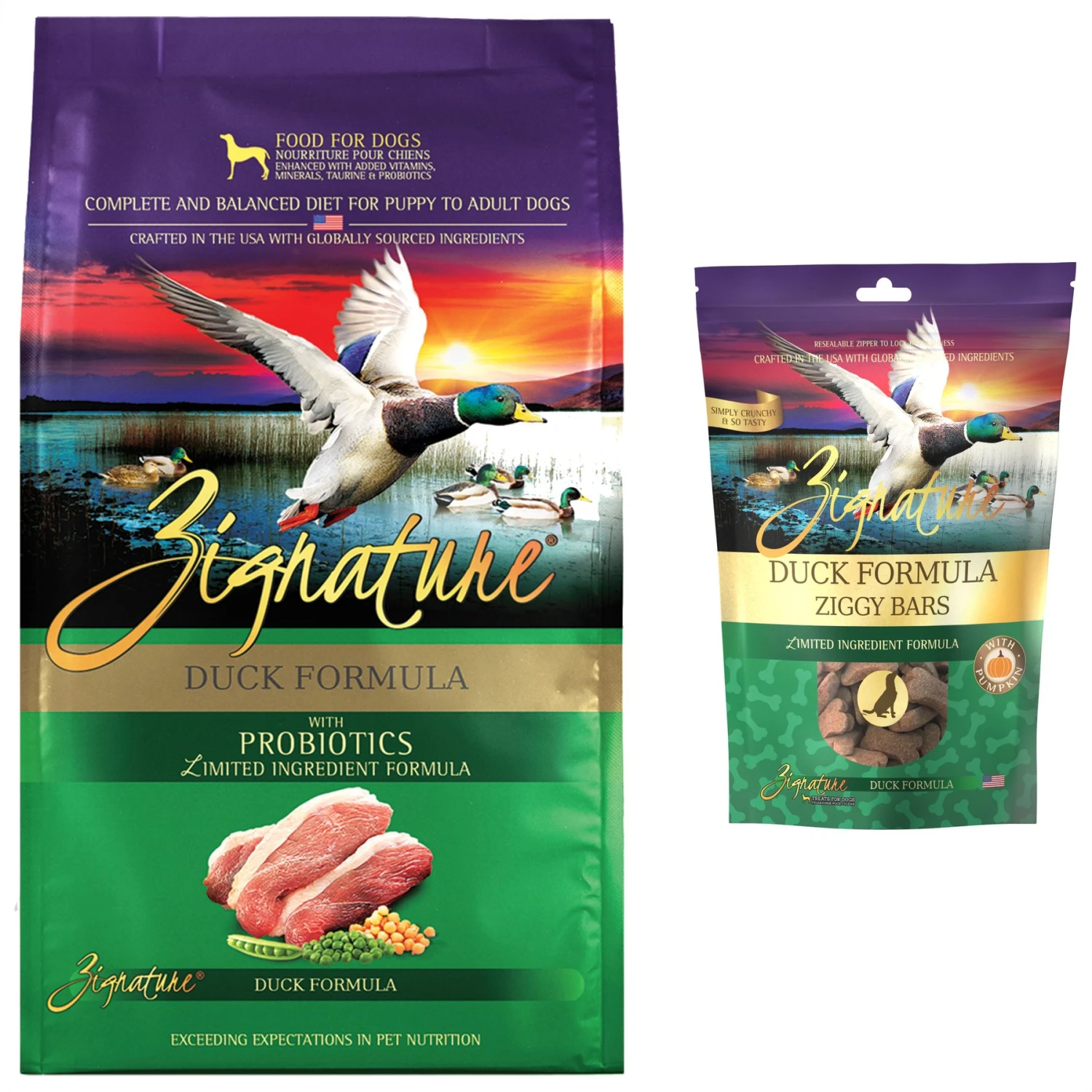 Zignature Duck Limited Ingredient Formula Dry Dog Food & Zignature Duck Formula Ziggy Bars Biscuit Dog Treats 3 Zignature Duck Limited Ingredient Formula Dry Dog Food & Zignature Duck Formula Ziggy Bars Biscuit Dog Treats