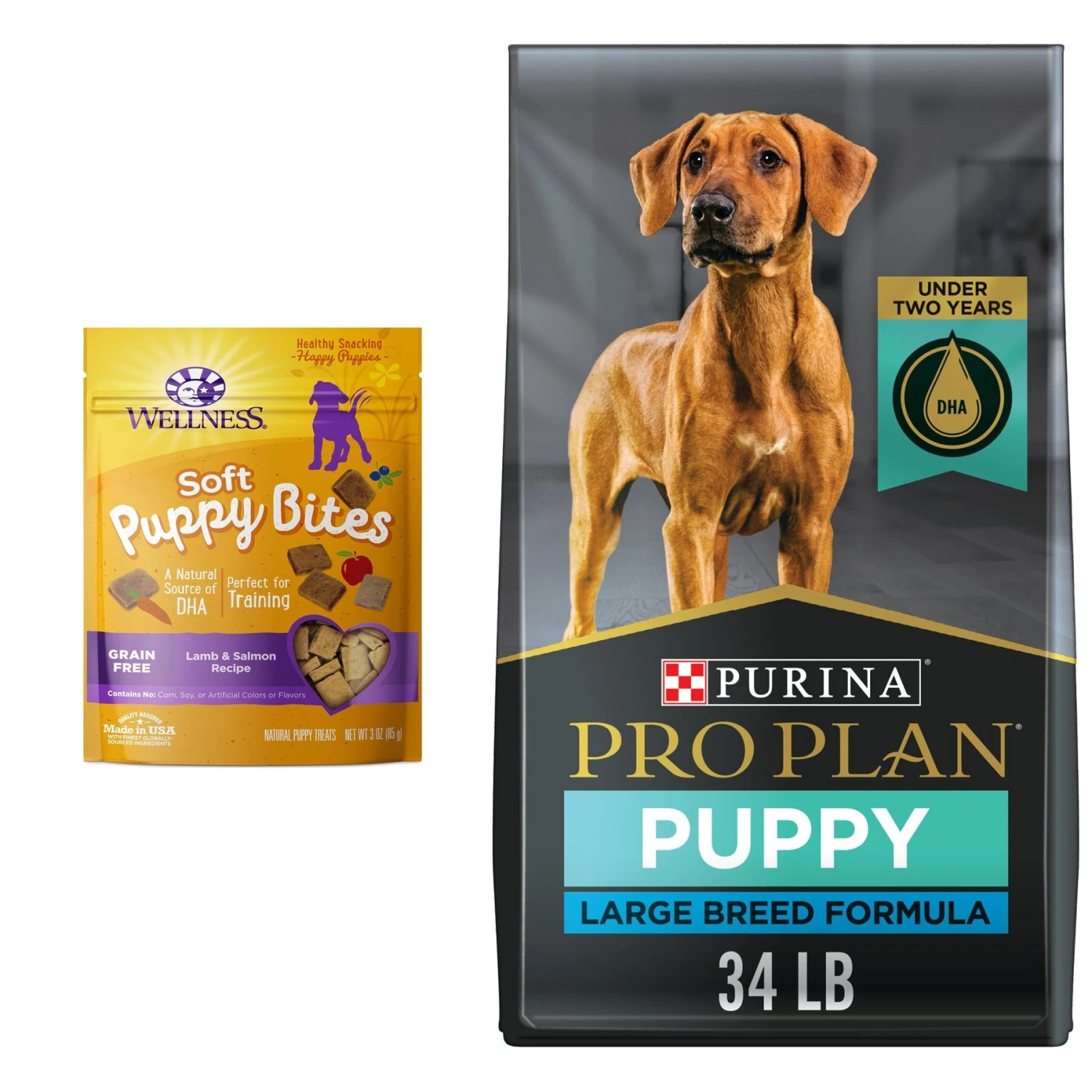 Purina Pro Plan High Protein Chicken & Rice Formula Large Breed Dry Puppy Food & Wellness Soft Puppy Bites Lamb & Salmon Recipe Grain-Free Natural Dog Treats 3 Purina Pro Plan High Protein Chicken & Rice Formula Large Breed Dry Puppy Food & Wellness Soft Puppy Bites Lamb & Salmon Recipe Grain-Free Natural Dog Treats