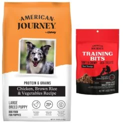 American Journey Protein & Grains Large Breed Puppy Chicken, Brown Rice & Vegetables Recipe Dry Dog Food, 28-lb Bag & American Journey Beef Recipe Grain-Free Soft & Chewy Training Bits Dog Treats