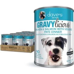 Dave's Pet Food Gravylicious Chicken & Salmon Veggies Grain-Free Wet Dog Food, 12-oz Can, Case Of 12