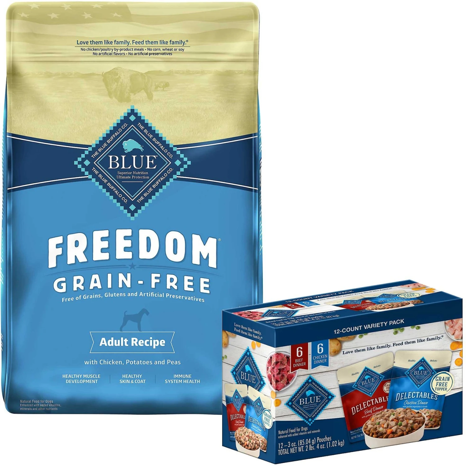 Blue Buffalo Delectables Chicken & Beef Dinner Variety Pack Grain-Free Wet Dog Food Topper, 3-oz Pouches, Case Of 12 & Blue Buffalo Freedom Adult Chicken Recipe Grain-Free Dry Dog Food 3 Blue Buffalo Delectables Chicken & Beef Dinner Variety Pack Grain-Free Wet Dog Food Topper, 3-oz Pouches, Case Of 12 & Blue Buffalo Freedom Adult Chicken Recipe Grain-Free Dry Dog Food
