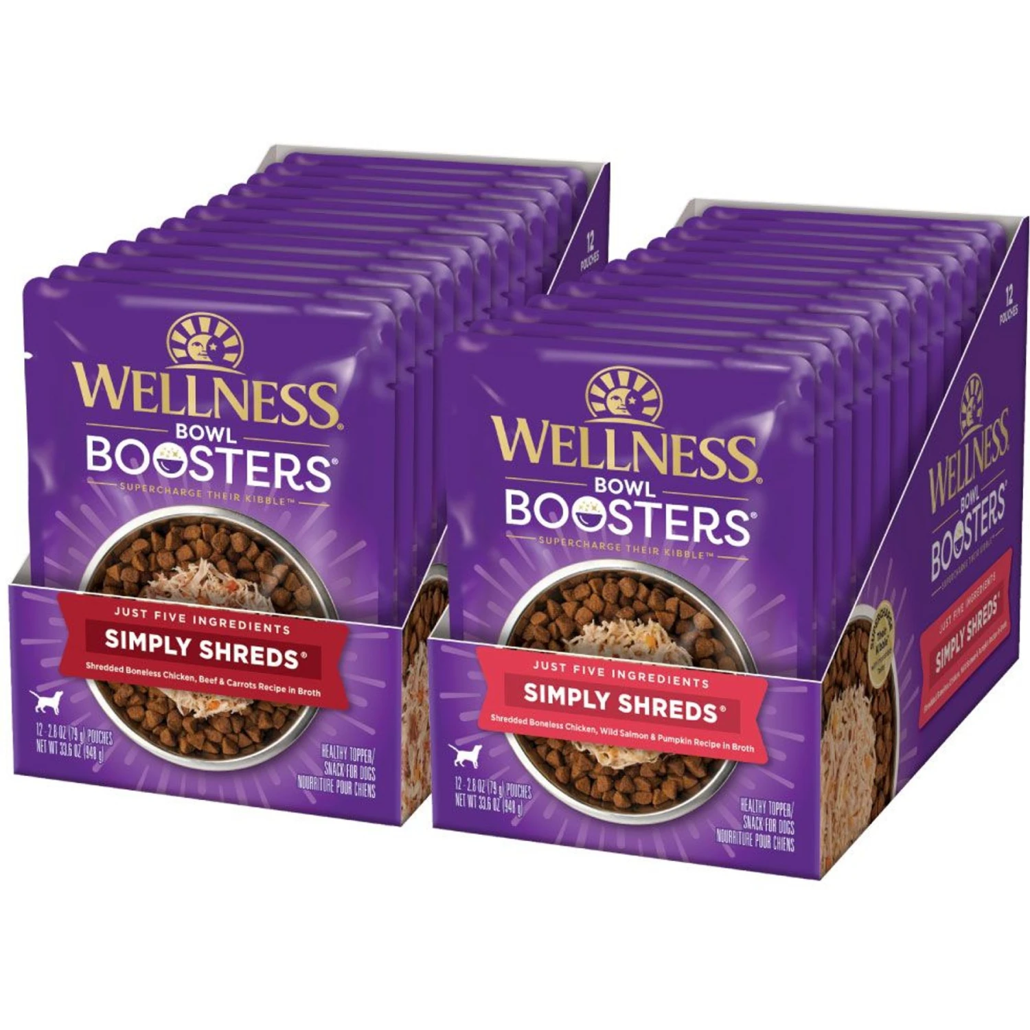 Wellness Bowl Boosters Simply Shreds Chicken, Beef & Carrots Natural Grain-Free Wet Dog Food Mixer Or Topper, 2.8-oz Pouch, Case Of 12 & Wellness Bowl Boosters Simply Shreds Chicken, Salmon & Pumpkin Natural Grain-Free Wet Dog Food Mixer Or Topper, 2.8-oz Pouch, Case Of 12 3 Wellness Bowl Boosters Simply Shreds Chicken, Beef & Carrots Natural Grain-Free Wet Dog Food Mixer Or Topper, 2.8-oz Pouch, Case Of 12 & Wellness Bowl Boosters Simply Shreds Chicken, Salmon & Pumpkin Natural Grain-Free Wet Dog Food Mixer Or Topper, 2.8-oz Pouch, Case Of 12