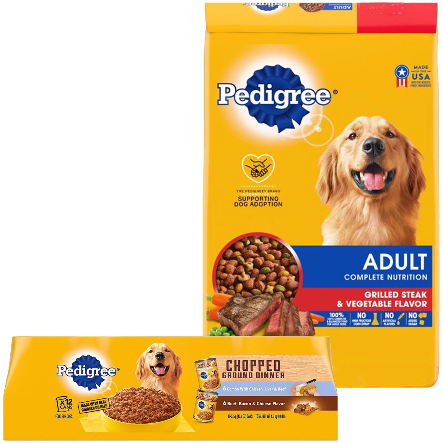 Pedigree Complete Nutrition Grilled Steak & Vegetable Flavor Dog Kibble Adult Dry Dog Food & Pedigree Chopped Ground Dinner Liver & Beef, Beef, Bacon & Cheese Flavor With Chicken Adult Canned Wet Dog Food Combo Variety Pack 3 Pedigree Complete Nutrition Grilled Steak & Vegetable Flavor Dog Kibble Adult Dry Dog Food & Pedigree Chopped Ground Dinner Liver & Beef, Beef, Bacon & Cheese Flavor With Chicken Adult Canned Wet Dog Food Combo Variety Pack