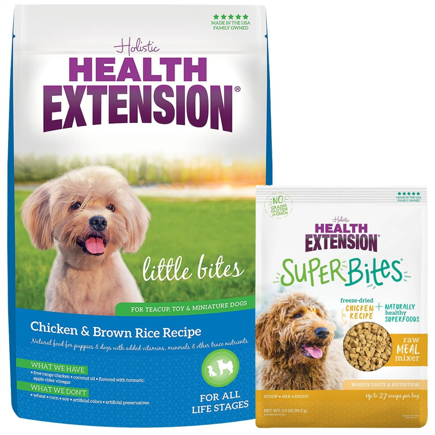 Health Extension Little Bites Chicken & Brown Rice Recipe Dry Dog Food & Health Extension Super Bites Chicken Recipe Freeze-Dried Raw Dog Food Mixer 3 Health Extension Little Bites Chicken & Brown Rice Recipe Dry Dog Food & Health Extension Super Bites Chicken Recipe Freeze-Dried Raw Dog Food Mixer