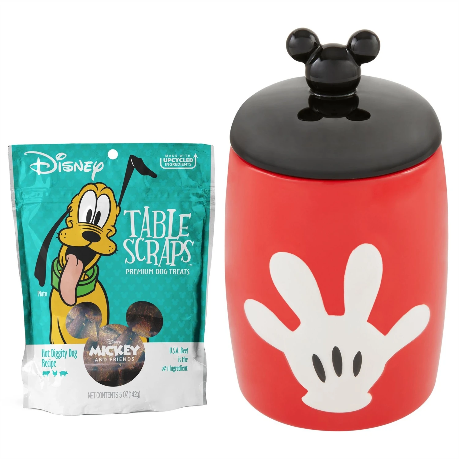 Disney Table Scraps Mickey Mouse Hot Diggity Dog Recipe Upcycled Jerky Dog Treats, 5-oz Bag & Disney Mickey Mouse Ceramic Dog & Cat Treat Jar 3 Disney Table Scraps Mickey Mouse Hot Diggity Dog Recipe Upcycled Jerky Dog Treats, 5-oz Bag & Disney Mickey Mouse Ceramic Dog & Cat Treat Jar