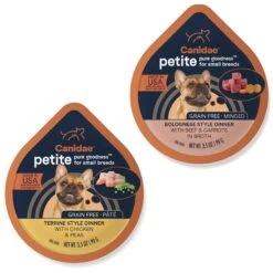 CANIDAE PURE Petite All Stages Small Breed Terrine Style Dinner With Chicken & Peas Wet Dog Food Trays, 3.5-oz, Case Of 12 & CANIDAE PURE Petite All Stages Small Breed Bolognese Style Dinner With Beef & Carrots Wet Dog Food Trays, 3.5-oz, Case Of 12