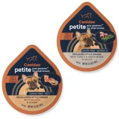 CANIDAE PURE Petite All Stages Small Breed Escalloped Style Dinner With Salmon & Shrimp Wet Dog Food Trays, 3.5-oz, Case Of 12 & CANIDAE PURE Petite All Stages Small Breed Fricassee Style Dinner With Turkey & Green Beans Wet Dog Food Trays, 3.5-oz, Case Of 12