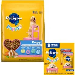 Pedigree Puppy Growth & Protection Chicken & Vegetable Flavor Dry Dog Food & Pedigree Puppy Variety Pack Morsels In Sauce With Beef & Chicken Wet Dog Food Pouches