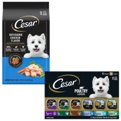 Cesar Rotisserie Chicken Flavor & Spring Vegetables Garnish Small Breed Dry Dog Food & Cesar Poultry Lovers Variety Pack Small Breed Adult Wet Dog Food Trays