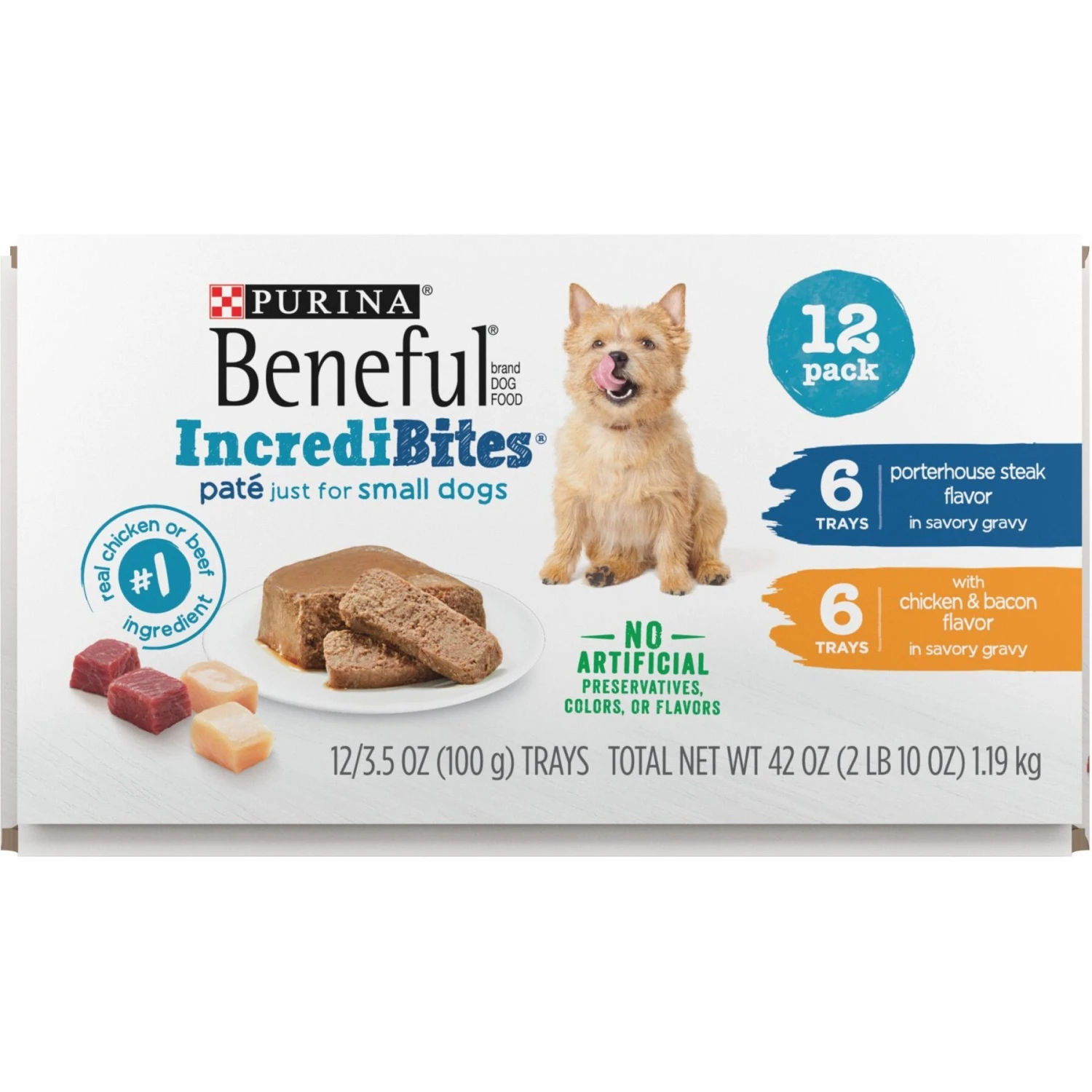 Purina Beneful IncrediBites Chicken & Bacon & Porterhouse Steak Variety Pack Pate Small Wet Dog Food, 3.5-oz Tray, Case Of 12 3 Purina Beneful IncrediBites Chicken & Bacon & Porterhouse Steak Variety Pack Pate Small Wet Dog Food, 3.5-oz Tray, Case Of 12