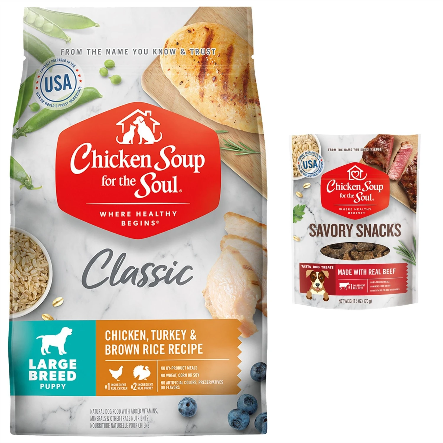 Chicken Soup For The Soul Large Breed Puppy Chicken, Turkey & Brown Rice Recipe Dry Dog Food & Chicken Soup For The Soul Savory Snacks Beef Dog Treat 3 Chicken Soup For The Soul Large Breed Puppy Chicken, Turkey & Brown Rice Recipe Dry Dog Food & Chicken Soup For The Soul Savory Snacks Beef Dog Treat