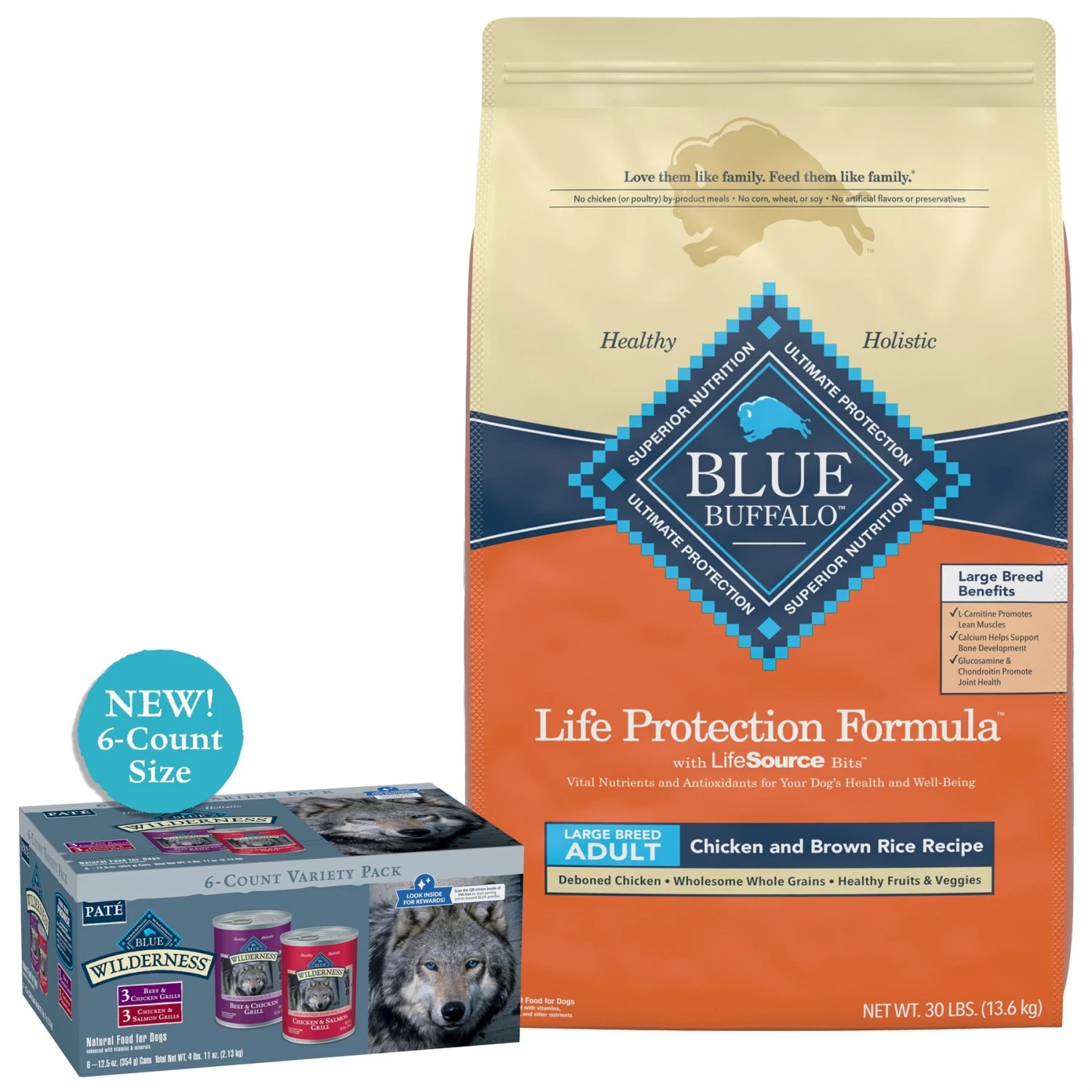 Blue Buffalo Wilderness Beef & Salmon Variety Pack Wet Dog Food & Blue Buffalo Life Protection Formula Large Breed Adult Chicken & Brown Rice Recipe Dry Dog Food 3 Blue Buffalo Wilderness Beef & Salmon Variety Pack Wet Dog Food & Blue Buffalo Life Protection Formula Large Breed Adult Chicken & Brown Rice Recipe Dry Dog Food