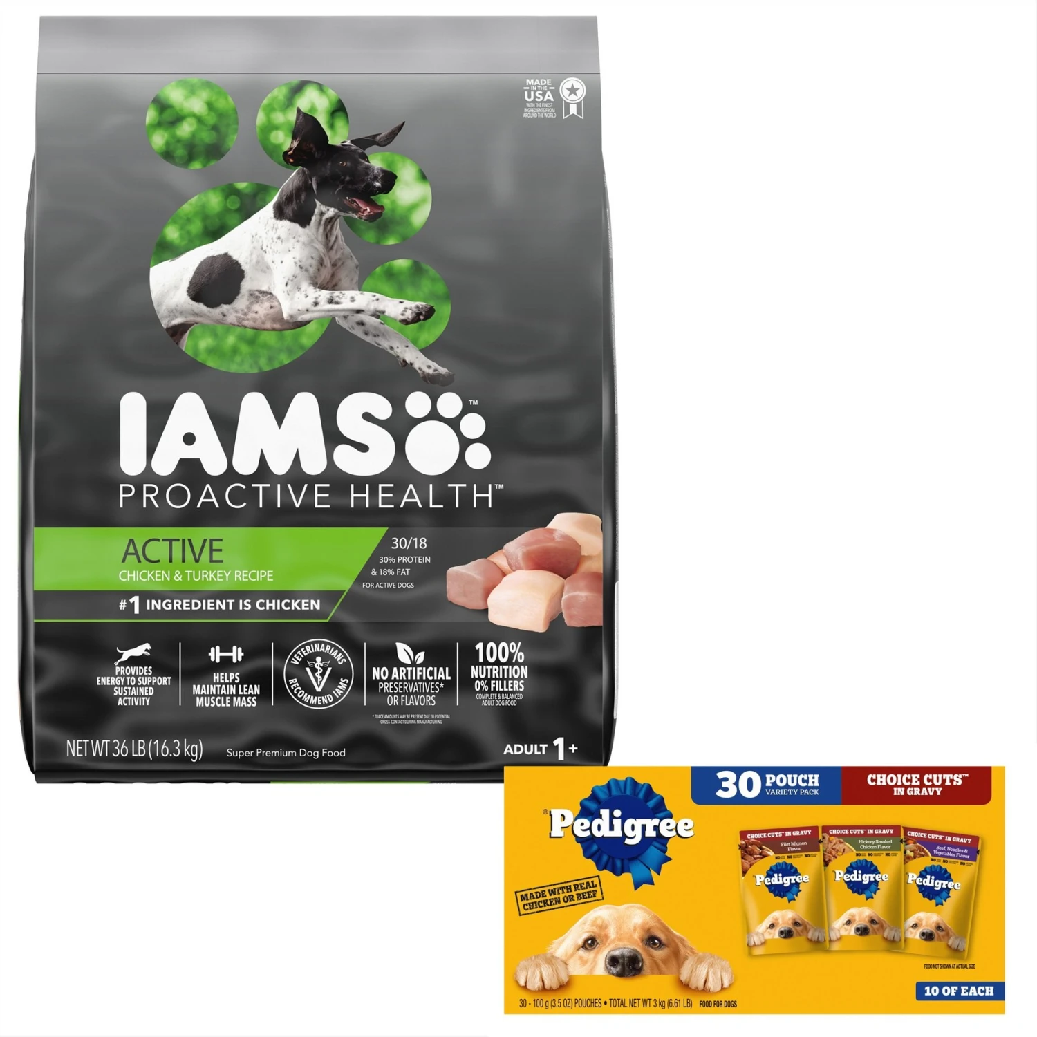 Iams Proactive Health Active Chicken & Turkey Recipe High Protein Adult Dry Dog Food & Pedigree Choice Cuts In Gravy Variety Pack Adult Wet Dog Food, 3.5-oz Pouch, Case Of 30 3 Iams Proactive Health Active Chicken & Turkey Recipe High Protein Adult Dry Dog Food & Pedigree Choice Cuts In Gravy Variety Pack Adult Wet Dog Food, 3.5-oz Pouch, Case Of 30
