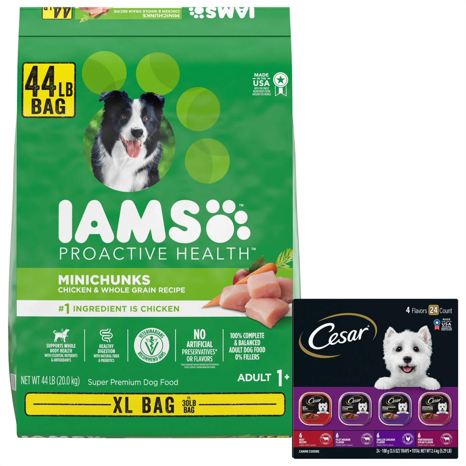 Iams Proactive Health MiniChunks Small Kibble Adult Chicken & Whole Grain Dry Dog Food & Cesar Classic Loaf In Sauce Beef Recipe, Filet Mignon, Grilled Chicken & Porterhouse Steak Flavors Variety Pack Grain-Free Small Breed Adult Wet Dog Food Trays 3 Iams Proactive Health MiniChunks Small Kibble Adult Chicken & Whole Grain Dry Dog Food & Cesar Classic Loaf In Sauce Beef Recipe, Filet Mignon, Grilled Chicken & Porterhouse Steak Flavors Variety Pack Grain-Free Small Breed Adult Wet Dog Food Trays
