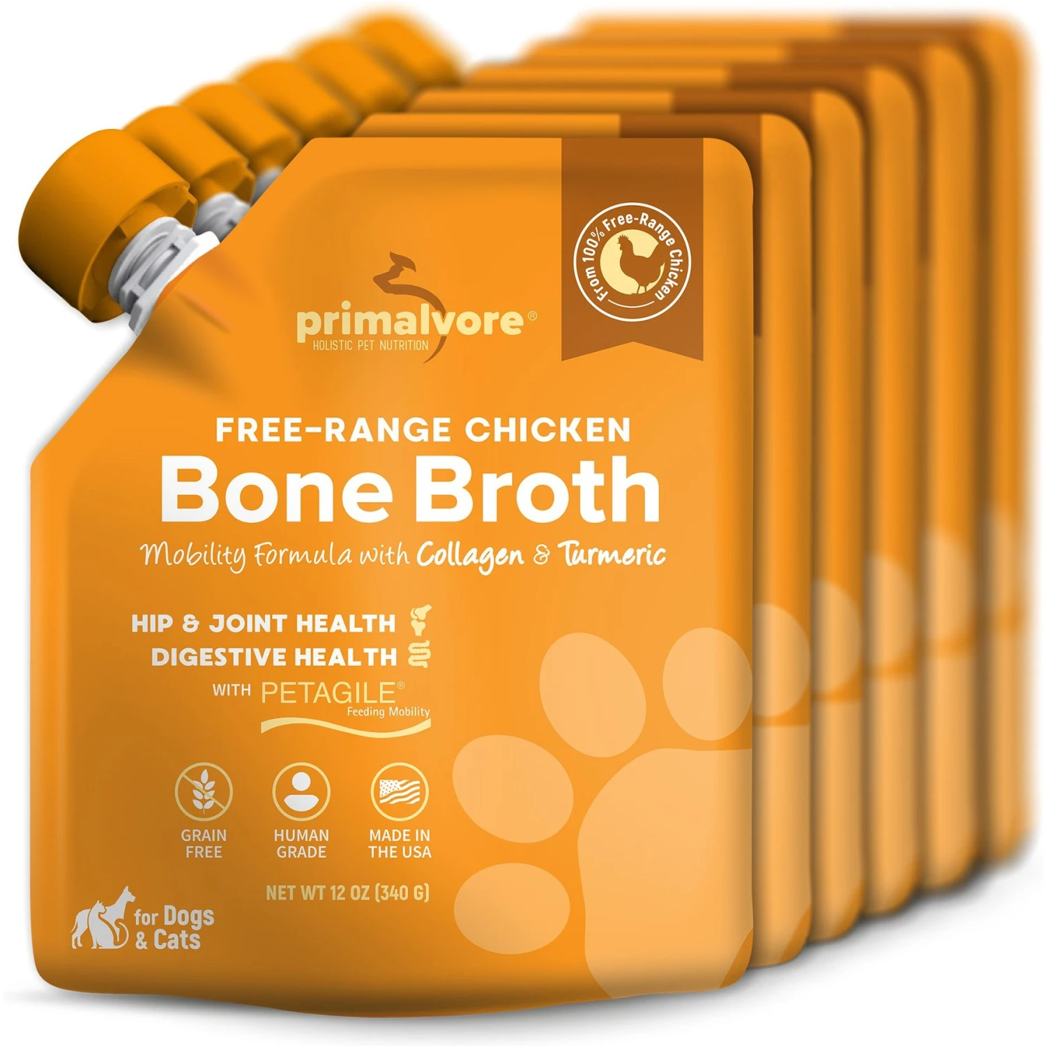 Primalvore Free Range Chicken Bone Broth With Collagen + Turmeric Dog & Cat Food Topping, 12-oz Bag, 6 Count 3 Primalvore Free Range Chicken Bone Broth With Collagen + Turmeric Dog & Cat Food Topping, 12-oz Bag, 6 Count