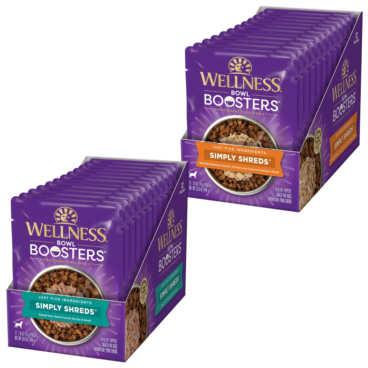 Wellness Bowl Boosters Simply Shreds Tuna, Beef & Carrots Natural Grain-Free Wet Dog Food Mixer Or Topper, 2.8-oz Pouch, Case Of 12 & Wellness Bowl Boosters Simply Shreds Chicken Liver & Broccoli Natural Grain-Free Wet Dog Food Mixer Or Topper, 2.8-oz Pouch, Case Of 12 3 Wellness Bowl Boosters Simply Shreds Tuna, Beef & Carrots Natural Grain-Free Wet Dog Food Mixer Or Topper, 2.8-oz Pouch, Case Of 12 & Wellness Bowl Boosters Simply Shreds Chicken Liver & Broccoli Natural Grain-Free Wet Dog Food Mixer Or Topper, 2.8-oz Pouch, Case Of 12